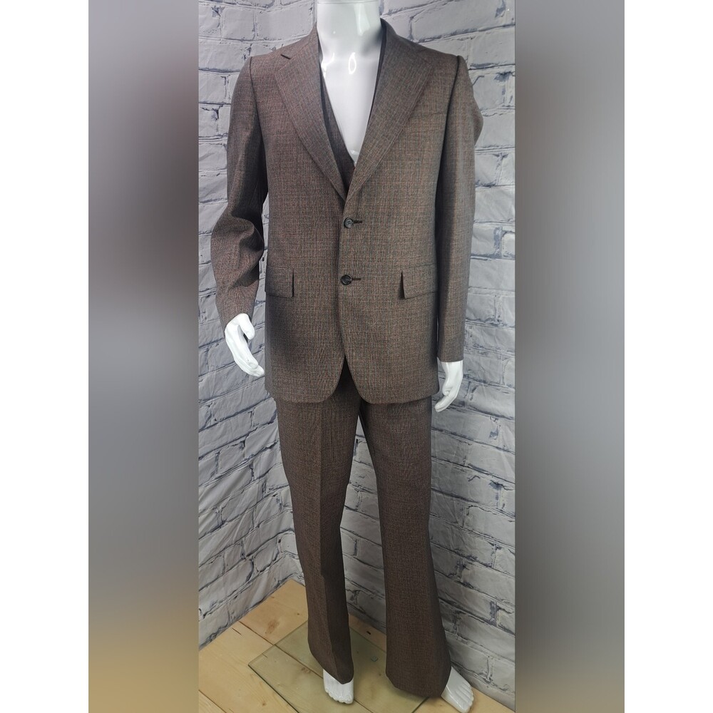 Vintage 70s 80s Men's 3 Piece Suit Brown Check Canvassed Flare Leg 40L 38L 34W